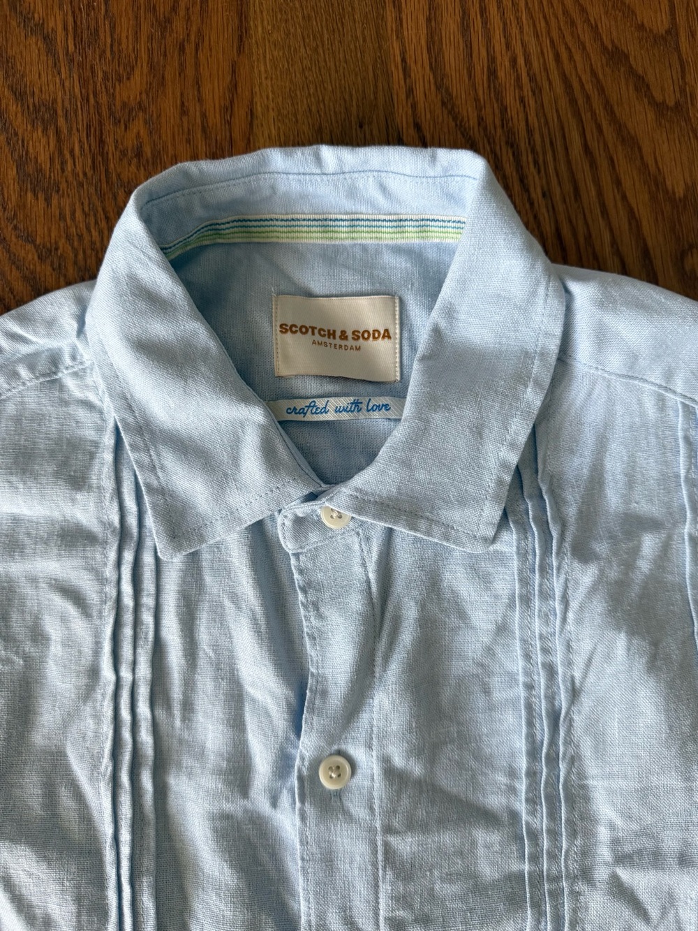 Scotch & Soda Men’s M Light Blue Linen Blend Pintuck Short Sleeve Shirt